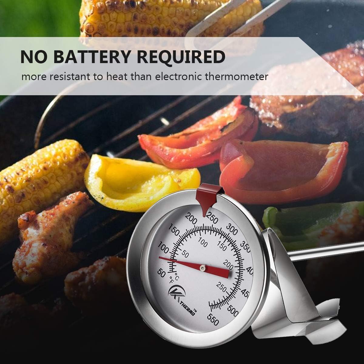 KT THERMO Candy/Deep Fry Thermometer with Instant Read,Dial Thermometer,12" Stainless Steel Stem Meat Cooking Thermometer,Best for Turkey,BBQ,Grill,Analog display