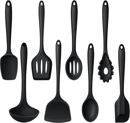 LIANYU Non-Toxic Silicone Kitchen Utensils Set, 8 Piece Non-Scratch Cooking Spoons & Spatulas, Stainless Steel Core, Heat Resistant & Dishwasher Safe, Khaki