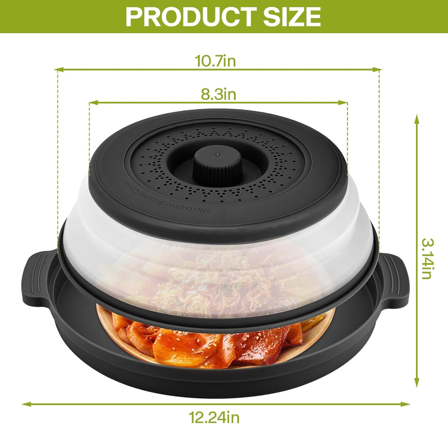 Microwave Splatter Cover for Food with Anti-scald Base Plate,Large Plastic & Silicone Vented Avoid Scalding Collapsible Guard Lid, Plate & Kitchen Colander for Meal Prep-10.7 Inch (2pcs-Gray-Black)