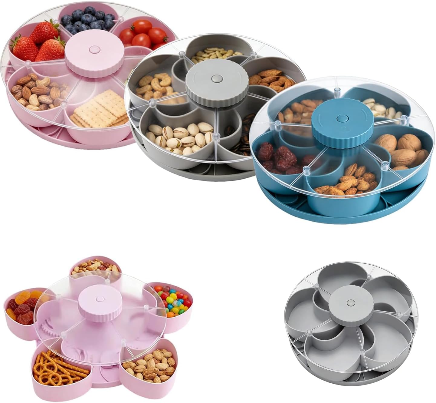 Divided Serving Tray that Spins, Rotating Snack Tray with Lid, 5-Compartment Spinning Candy & Nut Organizer, Divided Serving Platter for Parties, Reusable Snack Container for Fruits (Pink, 1 Pcs)