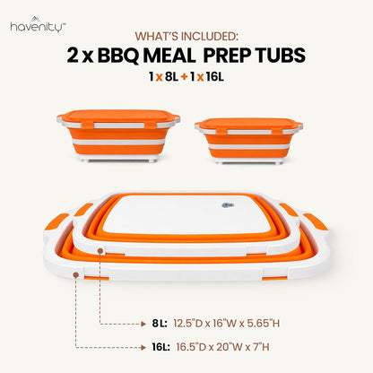 BBQ Prep Tub 2 Pack (8L+8L) - Multifunctional Collapsible Camping Cutting Board with Upgraded Locking Lid, Meal Prep Meat Storage Container Perfect for Grilling, Outdoor Cooking (Large x 2)