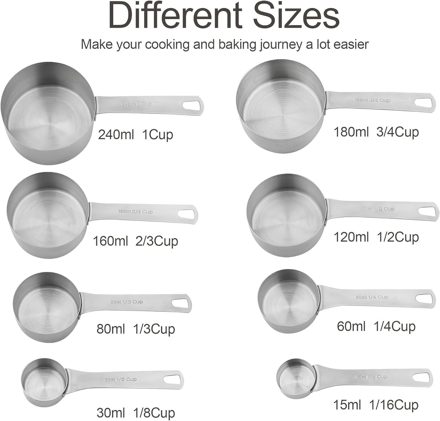 Measuring Cup Set of 8, 18/8 Stainless Steel Measuring Cups for Kitchen & Baking, Heavy Duty Metric & US Measure Cups Set with 2/3 Cup & 3/4 Cup Meaure Cups