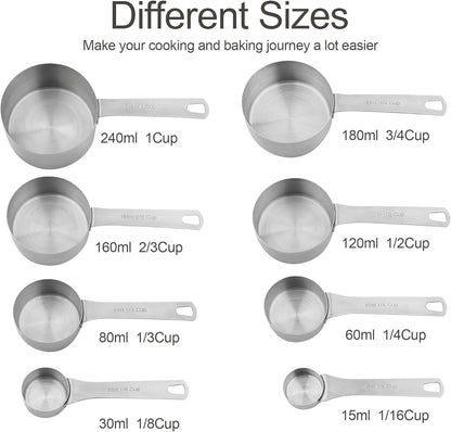 Measuring Cup Set of 8, 18/8 Stainless Steel Measuring Cups for Kitchen & Baking, Heavy Duty Metric & US Measure Cups Set with 2/3 Cup & 3/4 Cup Meaure Cups
