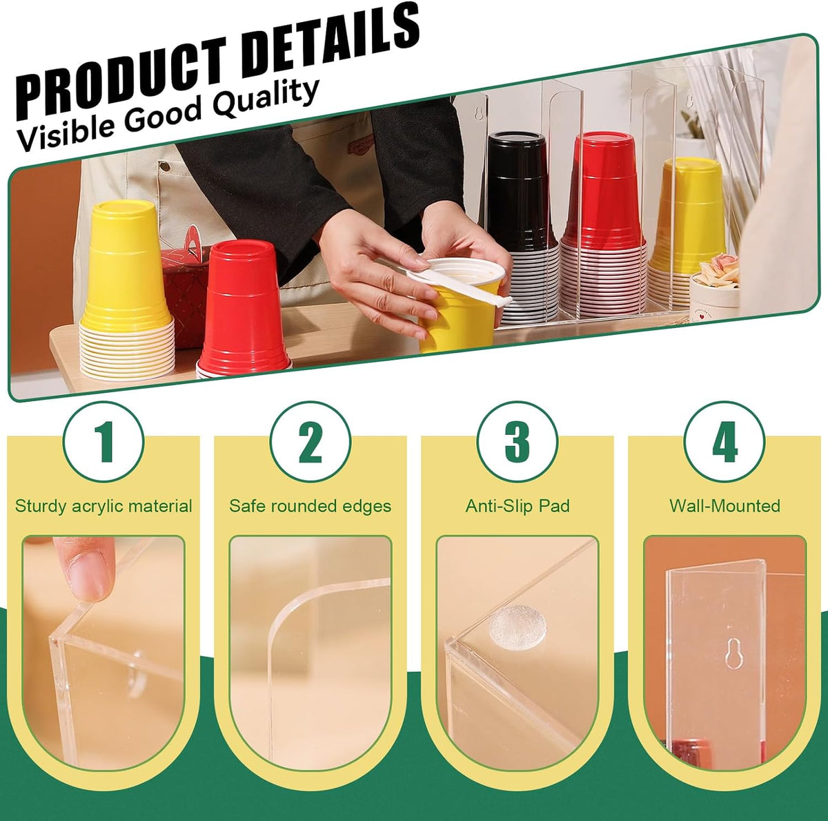 4 Compartments Acrylic Cup and Lid Holder, Clear Disposable Coffee Cup Holder Organizer,Cup Dispenser for Kitchen Bar Shop Party Supplies