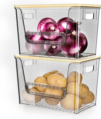 Delamu 2 Set Pantry Organizers and Storage, Trash Bag Holder Under Sink Organizer for 4-13 Gal Bags, Trash Bag Dispenser with Bamboo Top for Onion, Potato, Garlic, Clear (11-7/32"L*7" W*7-1/8"H)