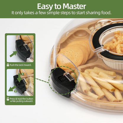 YANG Charcuterie Board with Lid, Divided Bamboo Serving Tray with Handle & Locking Lid, Portable Serving Platter for Party Outdoor Picnics Camping Gift Ready (6 Compartments,Round)
