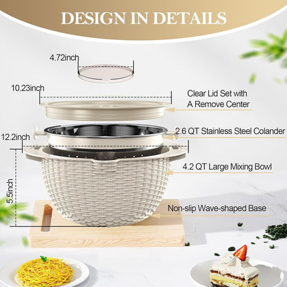4-in-1 Colander with Bowl Set — Patented 360° Rotatable Strainer Bowl with 3 Graters, Snap-On Lid & Non-Slip Base, Funny Kitchen Present for Women, Aesthetic Pasta Fruit Vegetable Strainer (Beige)