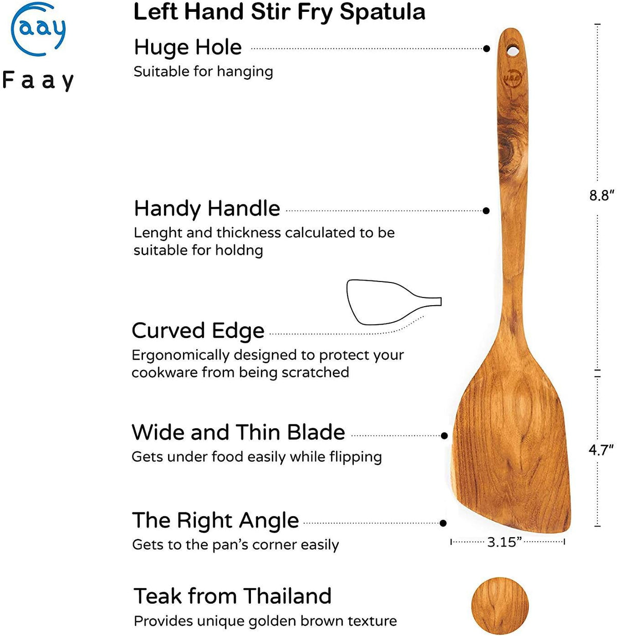 FAAY 13.5" Right-Hand Teak Spatula for Wok - Extra Wide 3.15" Head, Thin Edge Turner for Nonstick Pans, Coconut Oil Finish, Thai Handcrafted Wood