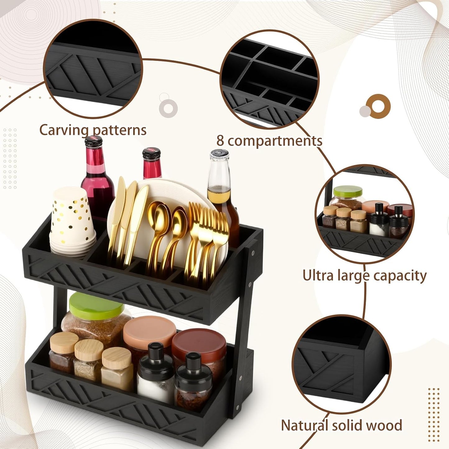 Geelin 2 Tier Paper Plate Dispenser Wood Rustic Paper Plate Holder for Countertop Silverware Utensil Caddy Cutlery Flatware Organizer Rack for Cups Spoons Forks Napkins, Kitchen Accessories, Black