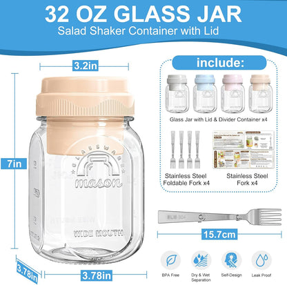 [UPGRADE] 4 Pack Glass Salad Container for Lunch, Salad Jars with Silicone Dressing Cup & Airtight Lid & Fork for Meal Prep, Wet/Dry Separation Divider for Salad Dressing and Dry Ingredients Mason Jar