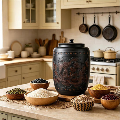 Ceramics Rice Jar - Ceramic Rice Dispenser Container Large Food Storage Canister, Dispenser with Airtight Lid Grain Containers Bucket