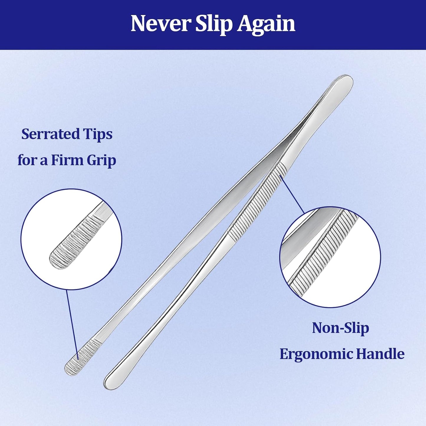 12-inch Stainless Steel Cooking Tongs & Tweezers, Non-Slip Grip & Serrated Tips for Grilling, Baking, Garnishing, BBQ, Kitchen & Craft Use (Round Tip)