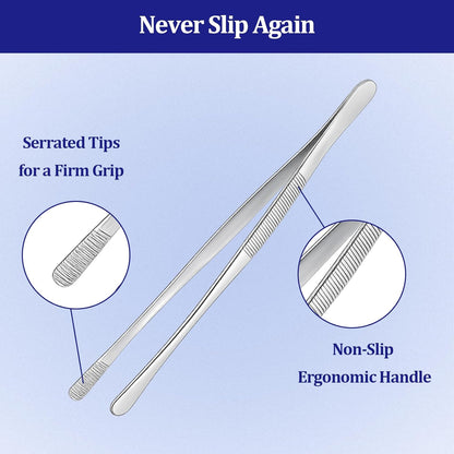 12-inch Stainless Steel Cooking Tongs & Tweezers, Non-Slip Grip & Serrated Tips for Grilling, Baking, Garnishing, BBQ, Kitchen & Craft Use (Round Tip)