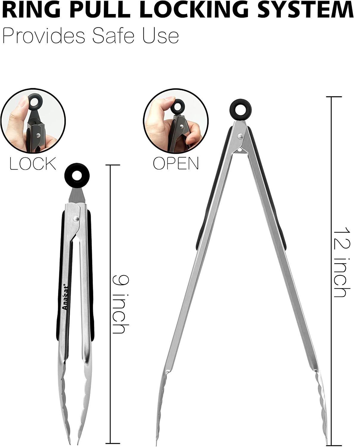 Anaeat Premium Kitchen Locking Tong Set of 3 - Heavy Duty Stainless Steel Food Tongs with Long Handle & Non-Slip Silicone Grip for Cooking, Baking, Grilling - Heat Resistant up to 480°F