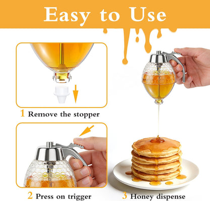 Honey Dispenser No Drip Glass 8 oz with Plastic Top, Beautiful Honeycomb Shaped Honey Jar with Stand - 6" Clear Container, Honey Pot, Maple Syrup Dispenser, Perfect Bee Decoration for Home Kitchen