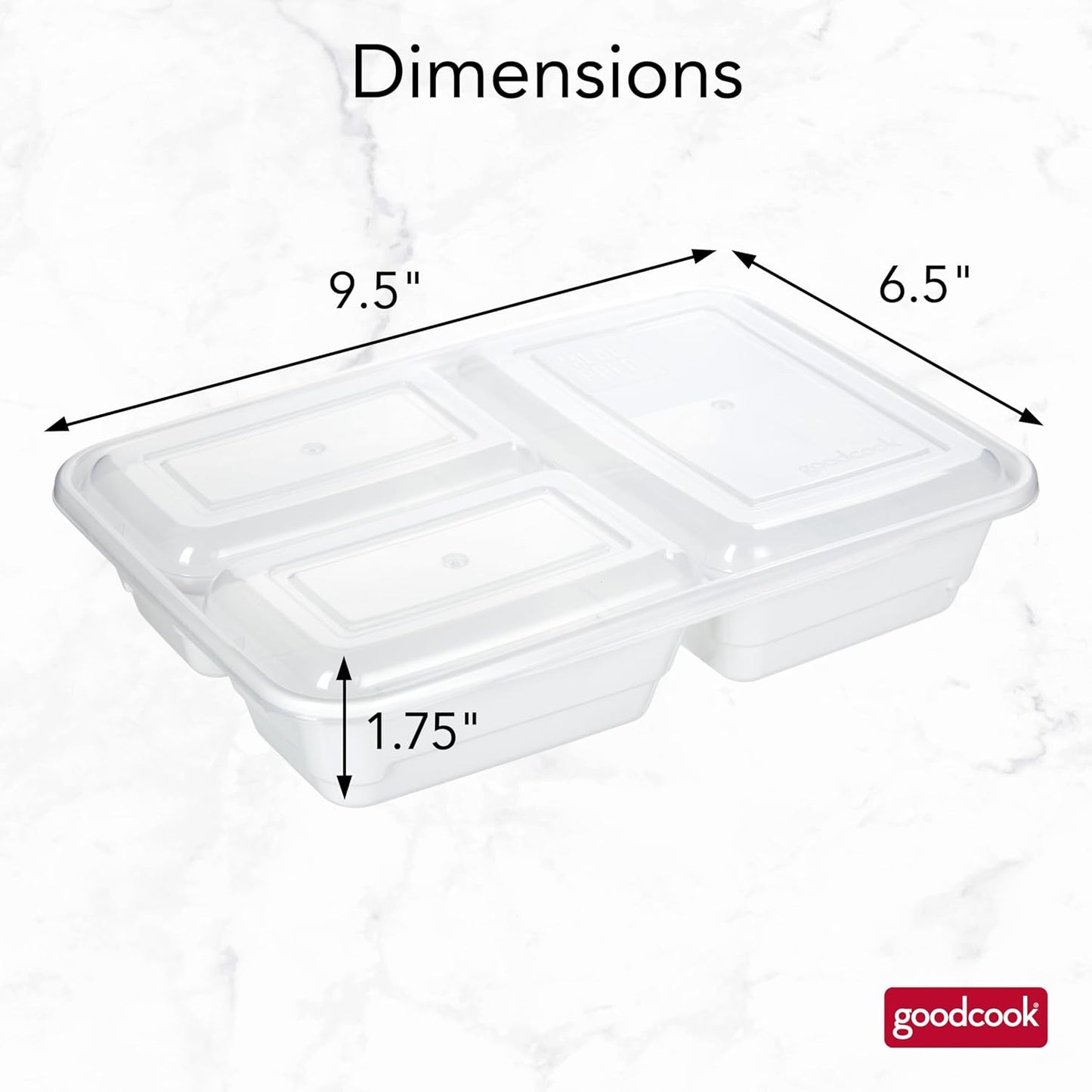 GoodCook Food Storage Containers for Meal Prep Rectangle Three Compartments & Made without BPA, 20-Piece, White