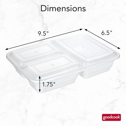 GoodCook Food Storage Containers for Meal Prep Rectangle Three Compartments & Made without BPA, 20-Piece, White