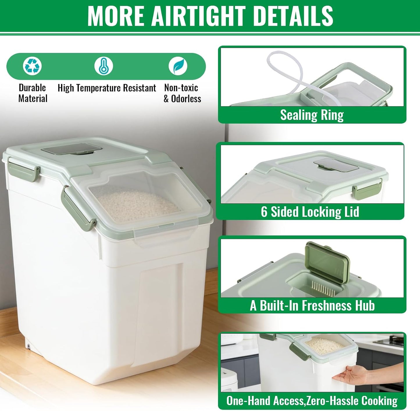 4 Pack Rice Container 25 lbs Large Bulk Flour Sugar Storage Holdhouse Plastic Grain Cereal Dry Goods Bin with Spoon and Measuring Cup for Kitchen Pantry Organization - Green