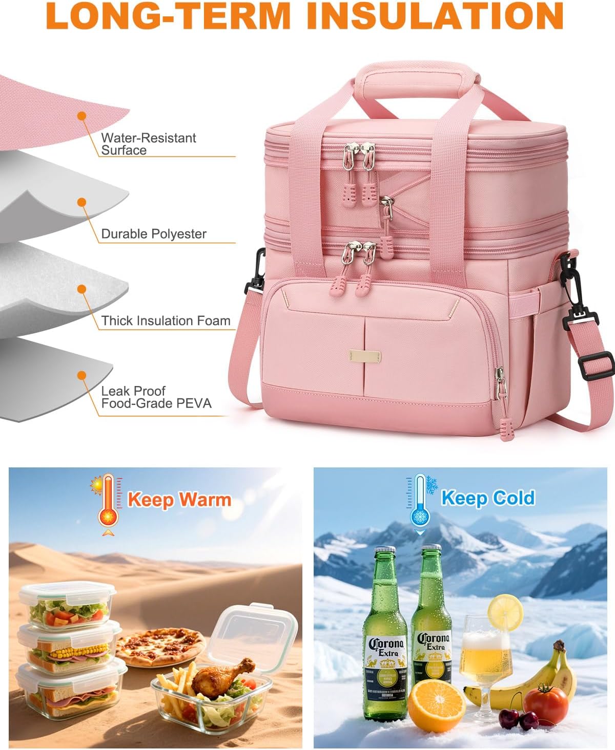 Pritent Lunch Box For Men Women Double Deck Insulated Lunch Bag For Men Woman Leakproof Expandable Cooler Bag with Adjustable Shoulder Strap for Kids Shool Work Picnic Camping(Beige,Large)