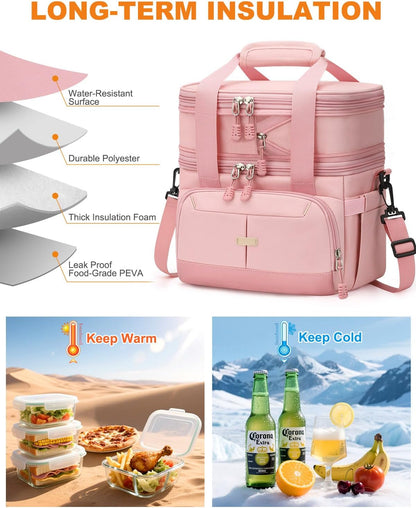 Pritent Lunch Box For Men Women Double Deck Insulated Lunch Bag For Men Woman Leakproof Expandable Cooler Bag with Adjustable Shoulder Strap for Kids Shool Work Picnic Camping(Beige,Large)
