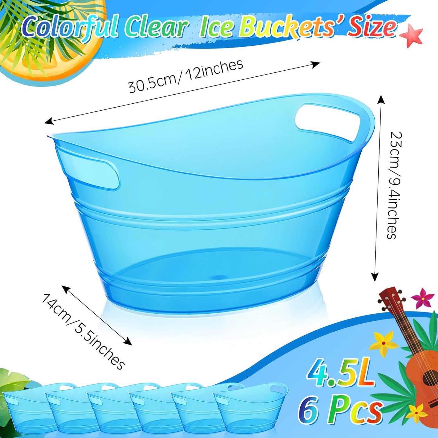meekoo 6 Pcs Plastic Ice Buckets Bulk with Handles 4.5L Oval Storage Tub Large Capacity Ice Drink Bucket for Party Bar Wine Beer Champagne Beverage Bottle Cooler (4.5 L,Orange)