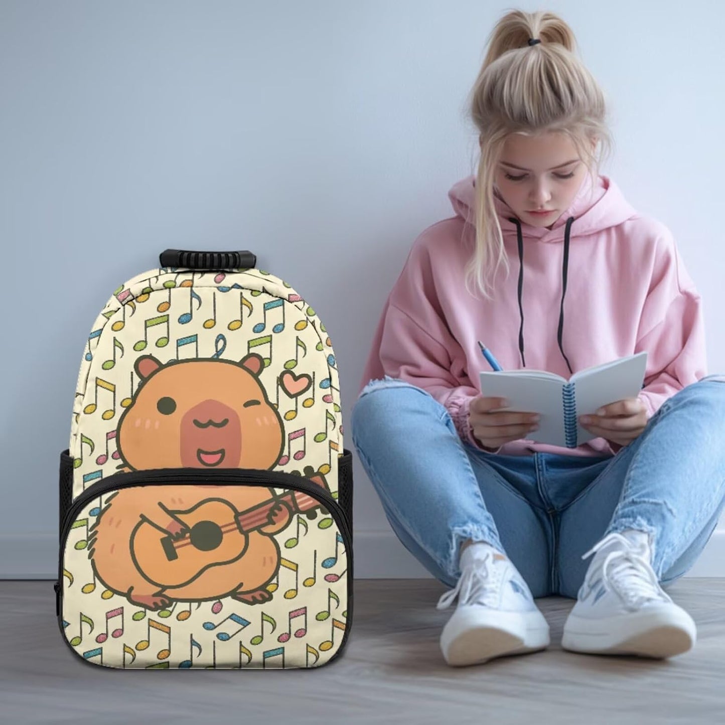 Cute Capybara Pizza Backpack for Girls, 5 Pcs Boys School Bag Set for Kids, 17 Inch Backpacks Lunch Pencil Box Reusable Utensils Case Set for Middle Elementary School, 3rd Grade Backpack