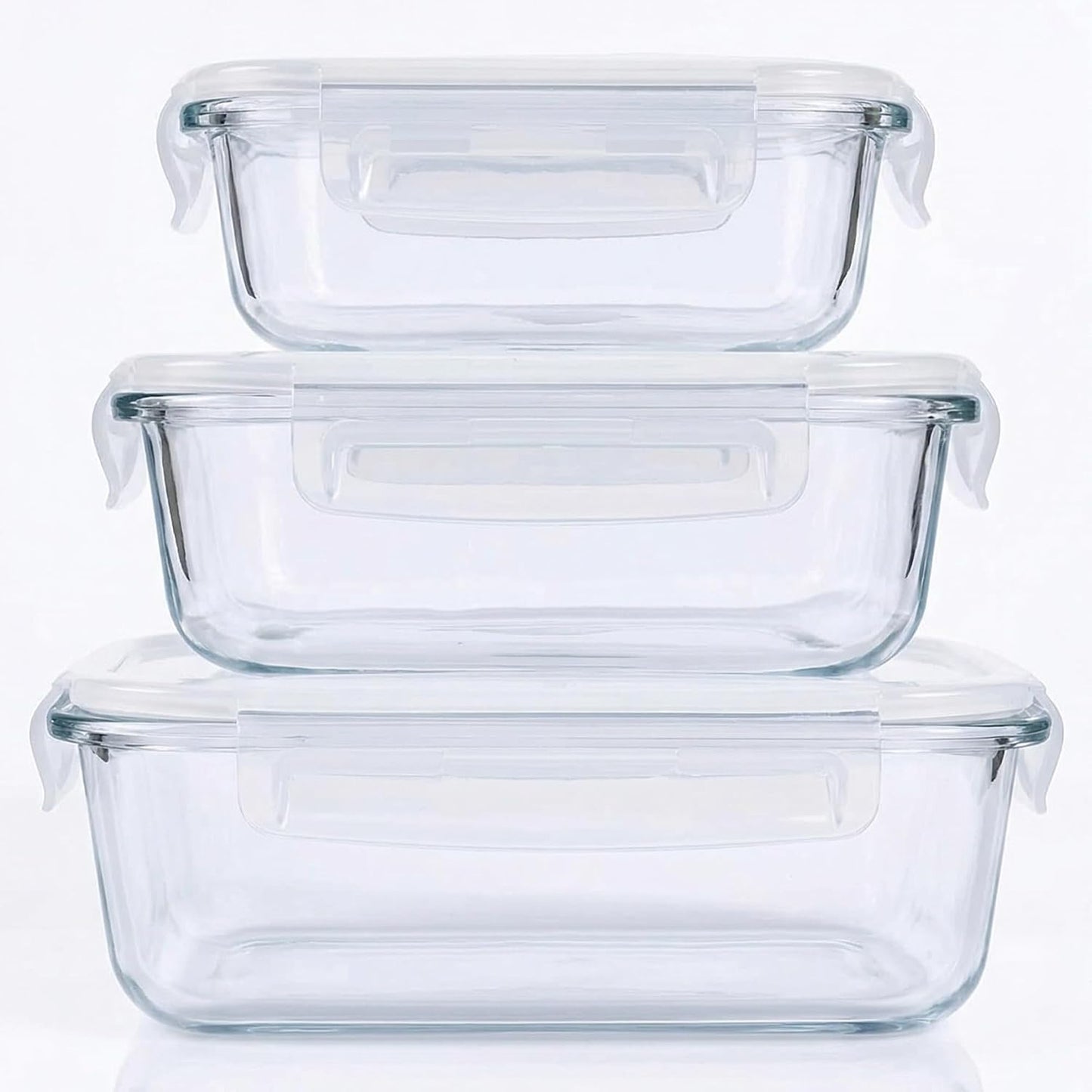 Glass Food Storage Containers with Airtight Lids, 3-Piece Set, Stackable Meal Prep Containers (Transparent White)