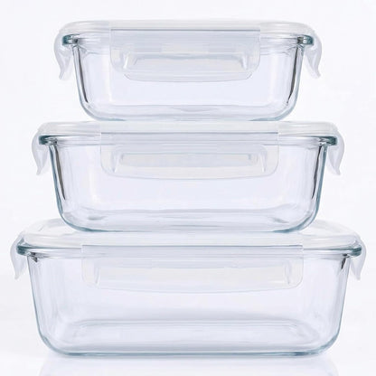 Glass Food Storage Containers with Airtight Lids, 3-Piece Set, Stackable Meal Prep Containers (Transparent White)