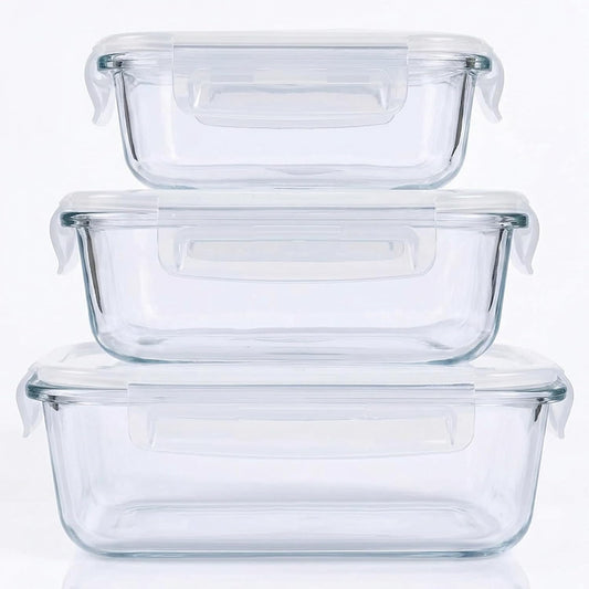 Glass Food Storage Containers with Airtight Lids, 3-Piece Set, Stackable Meal Prep Containers (Transparent White)