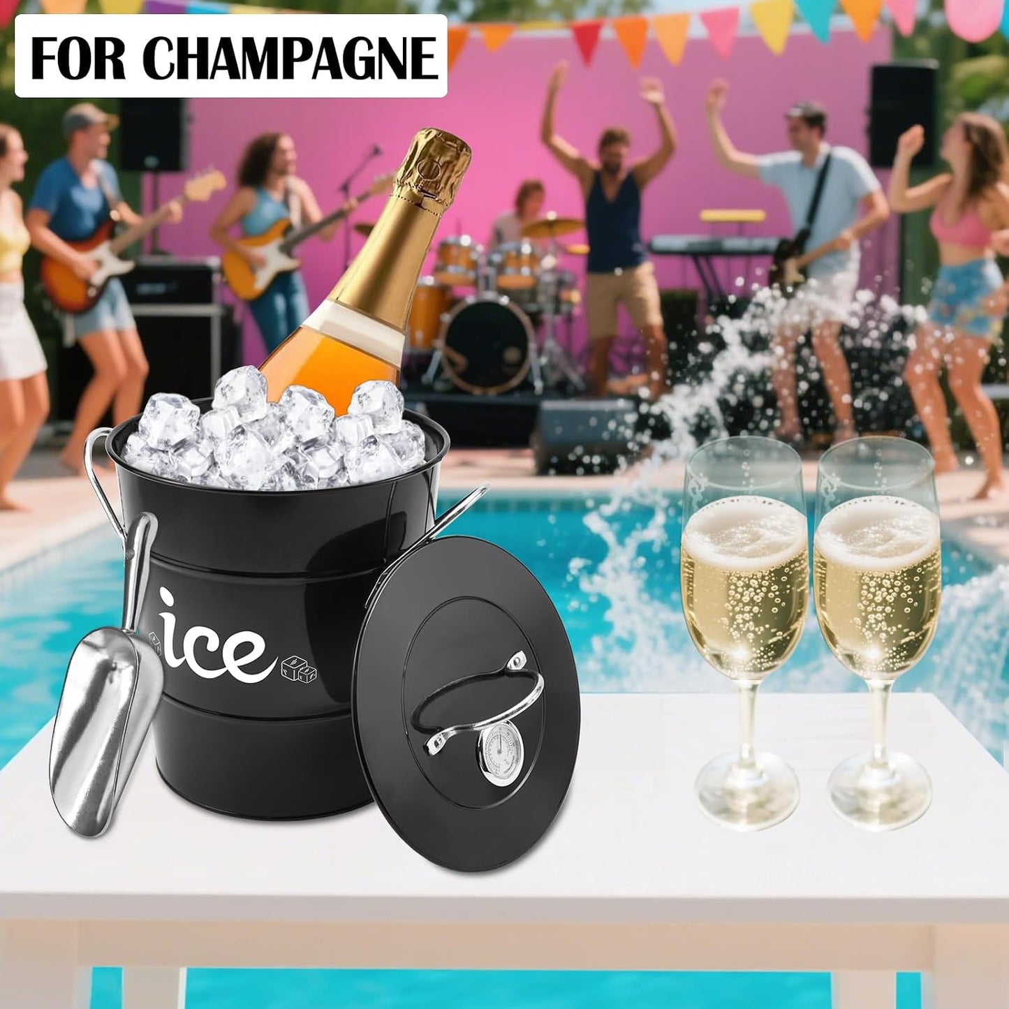 Double Wall Ice Bucket with Thermometer, Metal Wine Chiller Bucket with Lid & Scoop - for Champagne, Wine, Cocktails and Parties, Large Insulated Ice Holder - Perfect for Home & Outdoor Use,Red