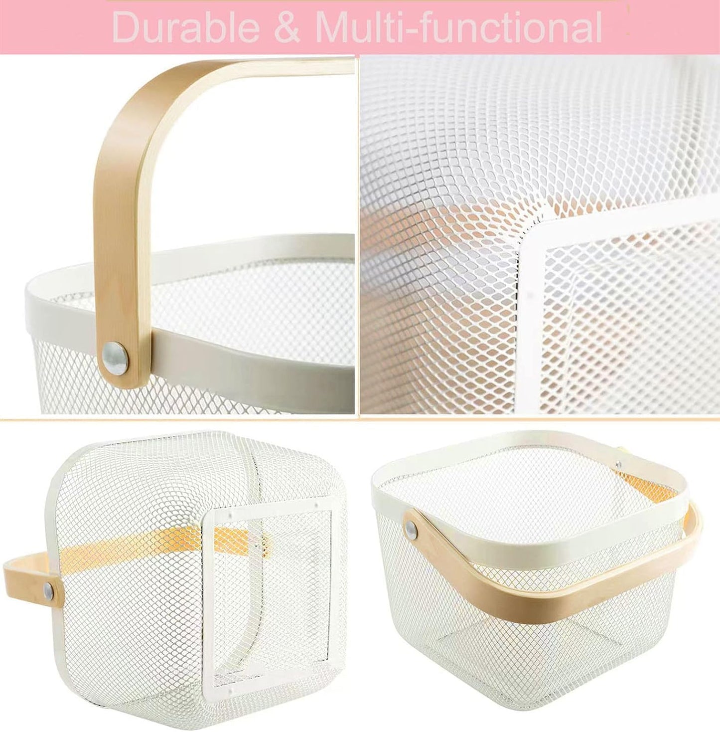 AJIODA Metal Mesh Steel Basket, Storage Organizer Basket Multi-functional Hanging Kitchen Baskets Fruit Basket Bin with Bamboo Handle for Kitchen Bathroom Picnic Shopping Decor Cabinet Home, Blue