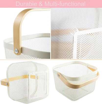 AJIODA Metal Mesh Steel Basket, Storage Organizer Basket Multi-functional Hanging Kitchen Baskets Fruit Basket Bin with Bamboo Handle for Kitchen Bathroom Picnic Shopping Decor Cabinet Home, Blue