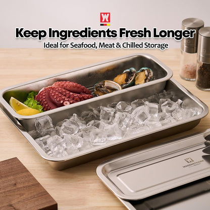 Stainless Steel Prep & Storage Pan – Deep Kitchen Organizer Tray with Lid – SUS304 Food Pan for Meal Prep, Serving, Marinating, Freezing, Baking & Drawer Organization – Durable & Hygienic