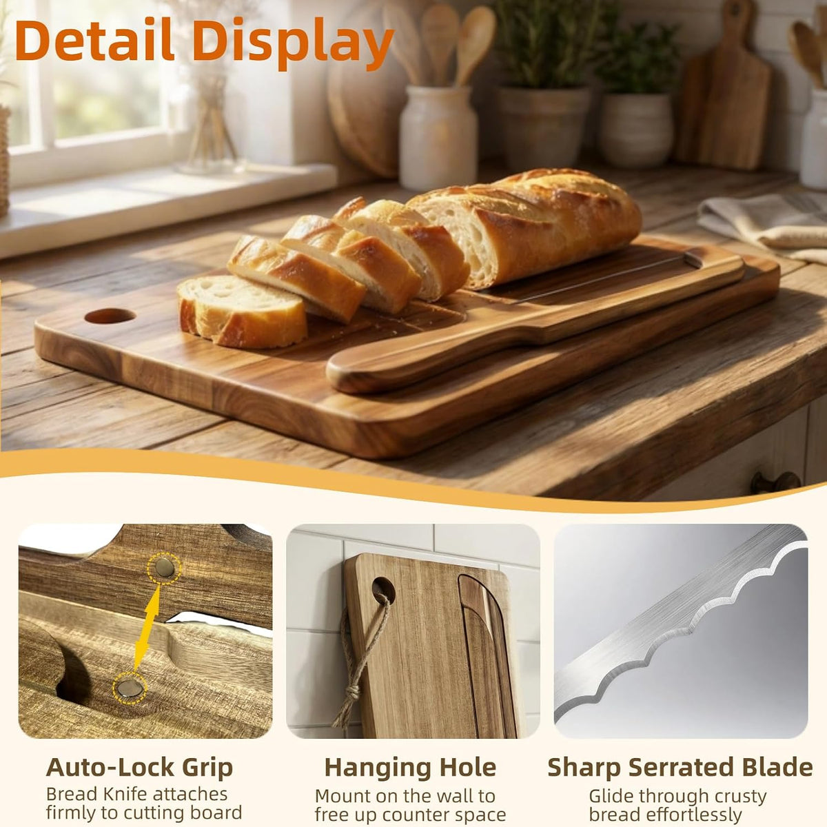 Double-Sided Bread Bow Knife and Board Set with Spare Stainless Blade