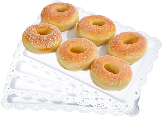 4 Pack Serving Trays for Party with Lace Rim,Rectangle Food Trays, Reusable White Plastic Serving Platters Food Display for Birthday Party, Wedding, Restaurant, 14.45" x 9.33"