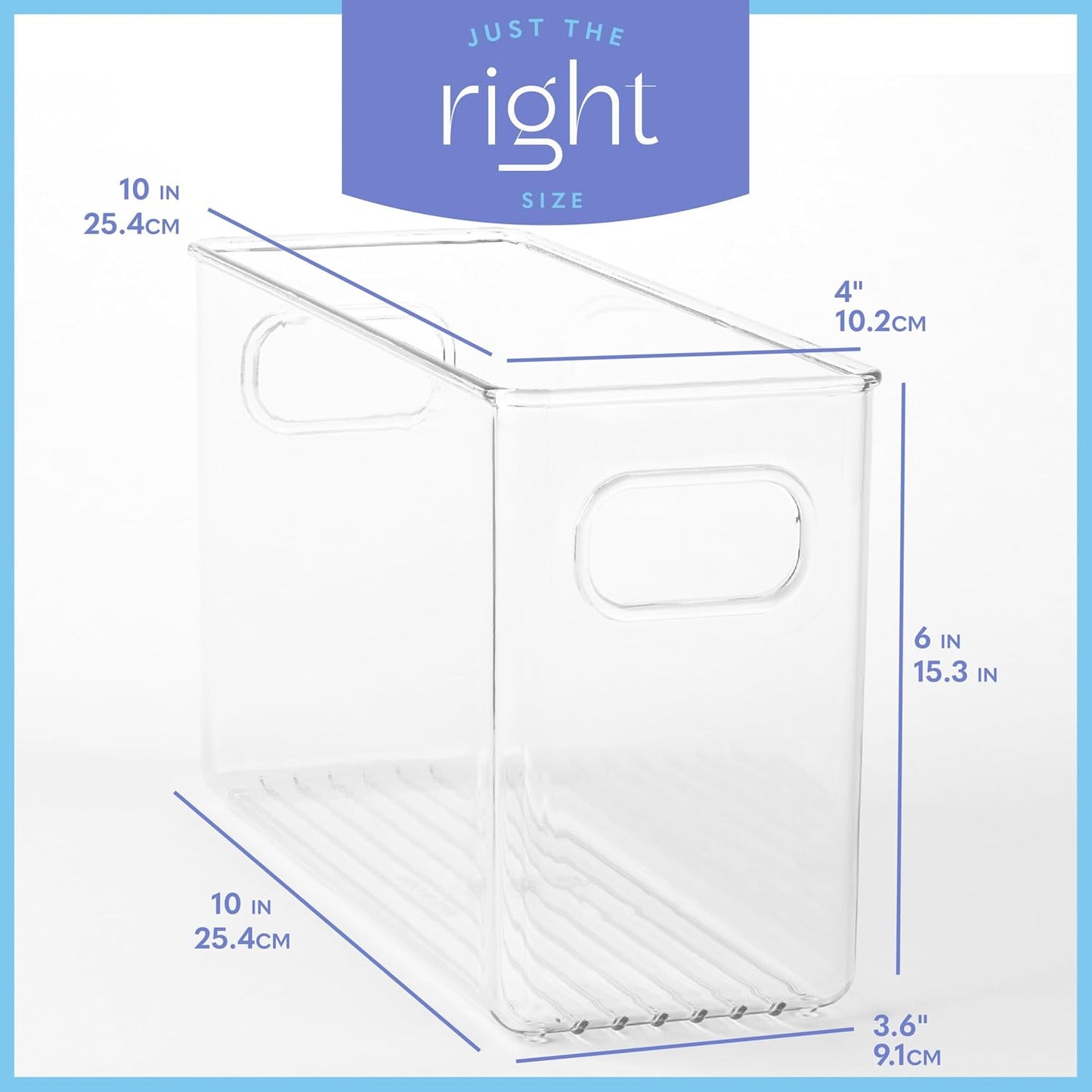 Plastic Food Storage 4 Pack Clear Container Bin with Handles for Organizing Kitchen, Pantry, Refrigerator, Freezer, Pantry, Cabinet, Closet, Bathroom. Stackable 10”x6”x3”