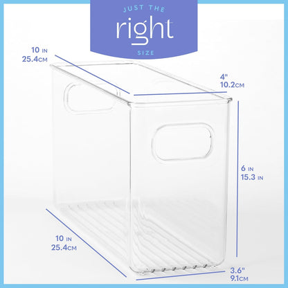 Plastic Food Storage 4 Pack Clear Container Bin with Handles for Organizing Kitchen, Pantry, Refrigerator, Freezer, Pantry, Cabinet, Closet, Bathroom. Stackable 10”x6”x3”