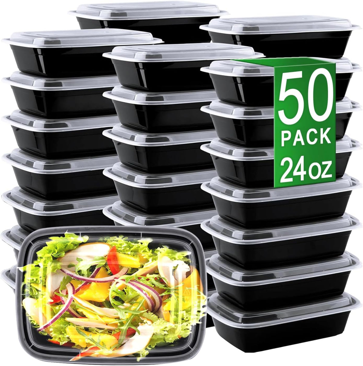 Meal Prep Containers, 50 Pack 58oz (100-Piece) Disposable Take Out Food Storage Containers with Leakproof Lids, Large Plastic To Go Lunch Boxes, BPA Free, Microwave/Dishwasher/Freezer Safe