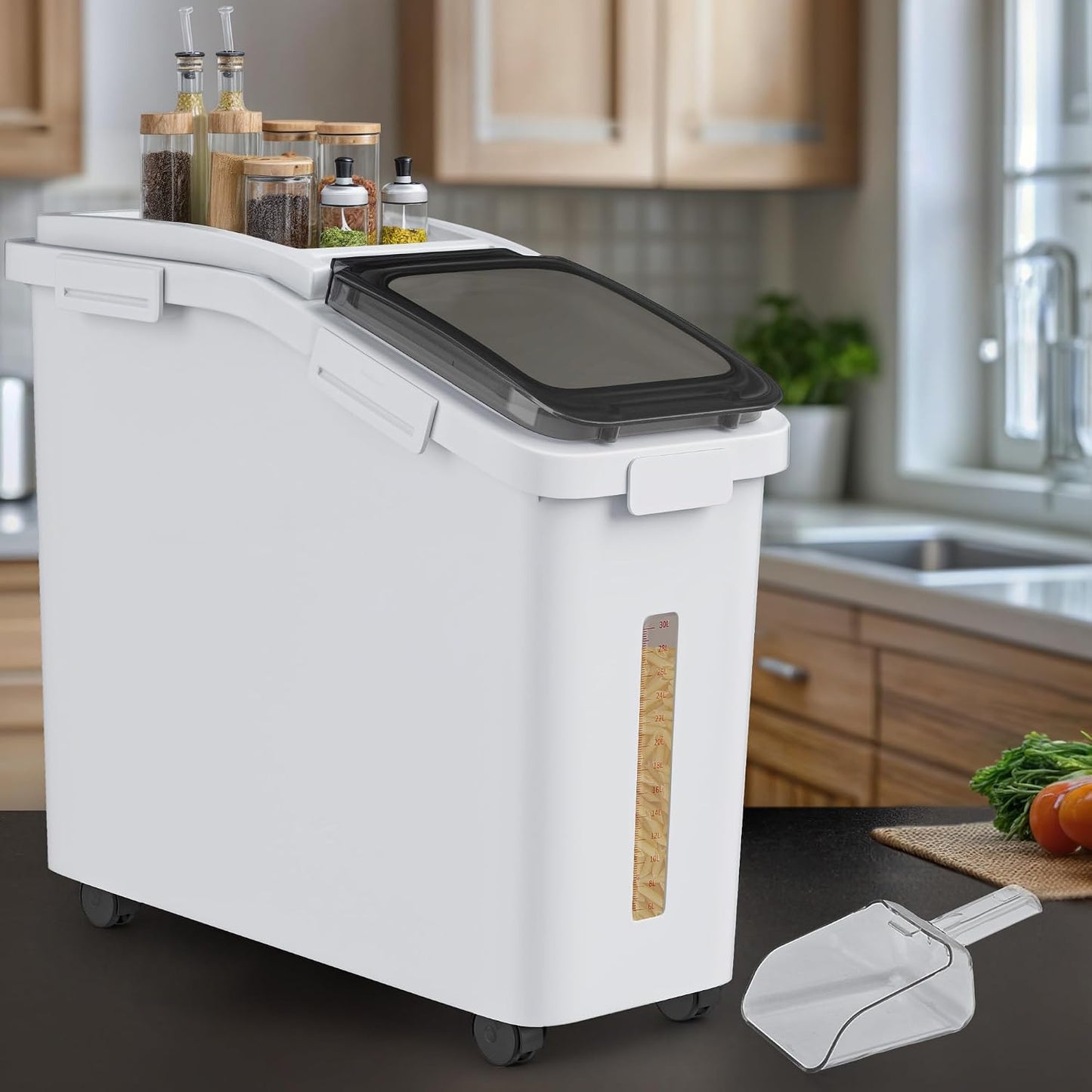 YITAHOME Large Flour Storage Container Ingredient Bins, 11.4-Gallon Rice Food storage Containers Bins with Wheels, Scoop and Airtight Lid for Bulk Rice, Cereal Grain, Sugar, White