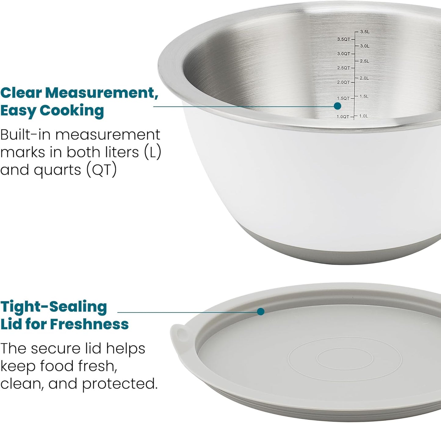 Rorence Mixing Bowls Set with Lids, 18/8 Stainless Steel Mixing Bowls with Non-Slip Silicone Base & Measurement Marks, Airtight Food Storage for Baking, Cooking & Meal Prep,1.5QT/3QT/5QT/Blue