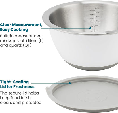 Rorence Mixing Bowls Set with Lids, 18/8 Stainless Steel Mixing Bowls with Non-Slip Silicone Base & Measurement Marks, Airtight Food Storage for Baking, Cooking & Meal Prep,1.5QT/3QT/5QT/Blue