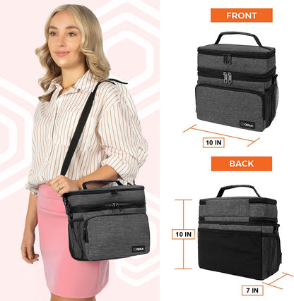 opux Insulated Lunch Bag for Men Women, Large Dual Compartment Cooler Bag, Soft Two Deck Lunch Box for Work School Picnic, Leakproof Lunch Tote with Shoulder Strap for Kid Adult (Purple, Double Deck)