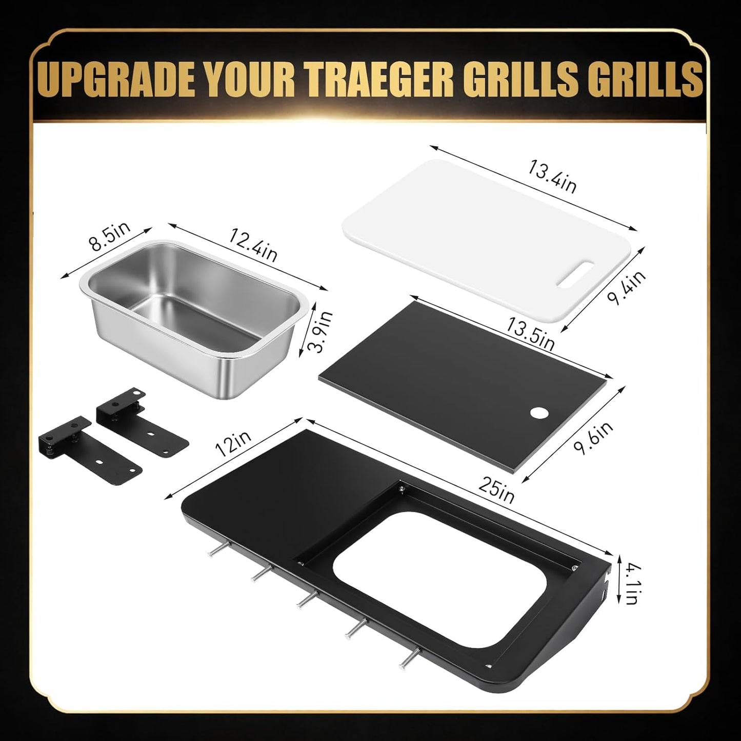 QuliMetal Folding Front Shelf for Traeger Pro 34, Texas Elite 34, Century 885 and Eastwood 34, 37" x 12" Heavy-Duty Grill Prep Table with Cutting Board, Stainless Steel Basin, Lid and 5 Hooks