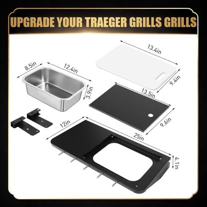 QuliMetal Folding Front Shelf for Traeger Pro 34, Texas Elite 34, Century 885 and Eastwood 34, 37" x 12" Heavy-Duty Grill Prep Table with Cutting Board, Stainless Steel Basin, Lid and 5 Hooks