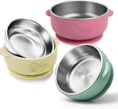 o'doe Suction Bowls for Baby - Non-Toxic Stainless Steel Baby Bowls 5" with Non-Slip Removable Silicone Shell - BPA-Free Toddler Bowls (Green + Rose + Beige)