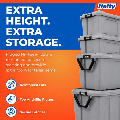 Hefty MAX Pro 12 Gallon Storage Bins with Latching Lids, Heavy Duty Stackable Plastic Storage Containers for Garage, Basement & Outdoor Use, Utility Storage Tote, 6 Pack, Gray