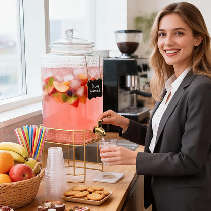 Drink Dispenser for Parties with Stand – 2 Gallon Beverage Dispenser with 18/8 Gold Stainless Steel Leak-Proof Spigot and Glass Lid, Ideal for Tea, Juice, Lemonade, and Party Drinks