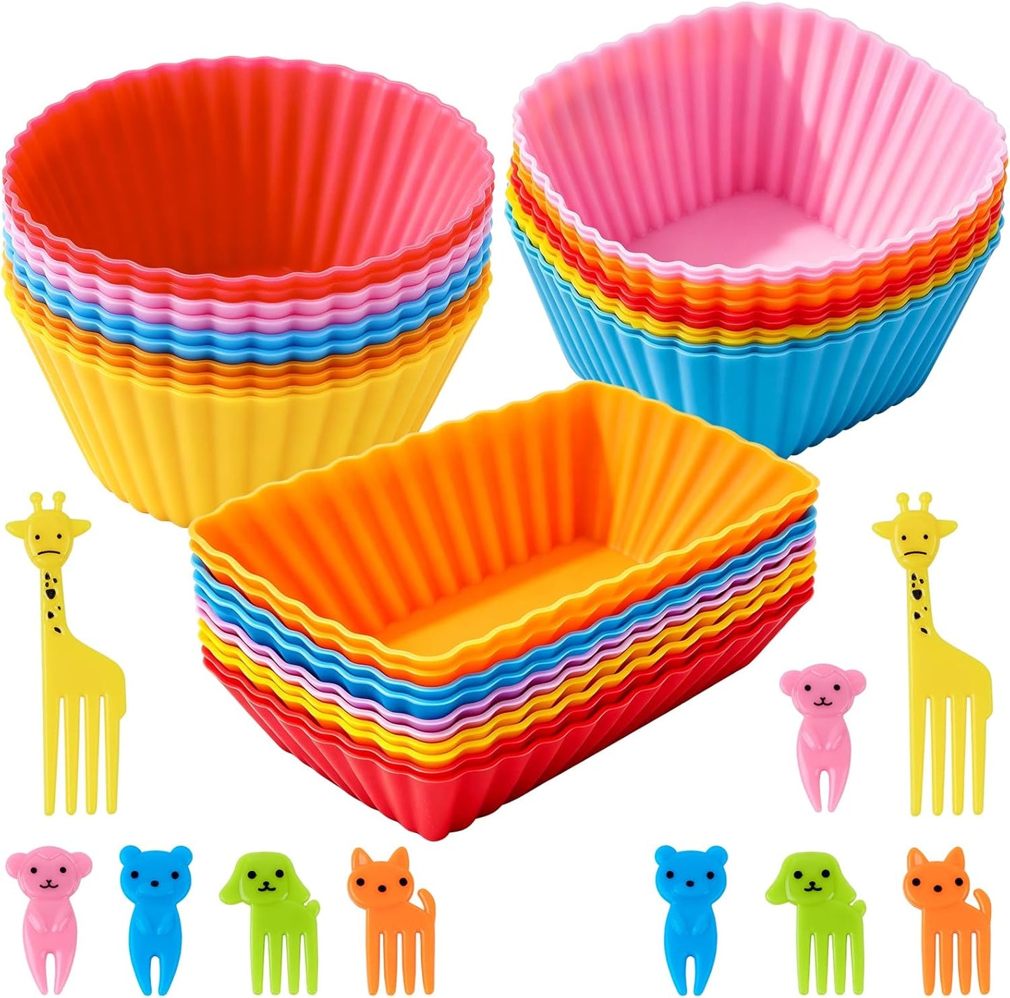 60 Pcs Silicone Lunch Box Dividers - Bento Box Accessories, Silicone Cupcake Liners Reusable Muffin Cups for Baking with Animal Food Picks (30 Cupcake Cups + 30 Picks)