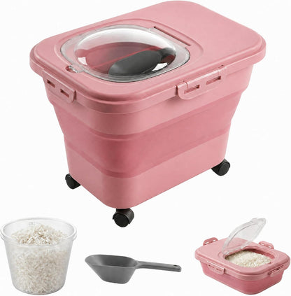 Rice Storage Container Collapsible 20-28 Lbs Food Storage Container with Rolling Wheels and Clear Airtight Lid. BPA Free Flour for Storing Rice, Flour, and Cat Dog Food Storage Container (Pink)