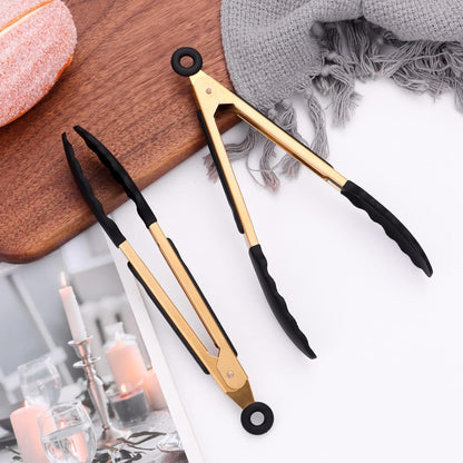 2-Piece Kitchen Spatula Tongs Food Serving Tongs 9" and 12" Cooking with BPA Free Silicone Tips, Toaster Steak Pie Pizza Pasta Spaghetti Noodles Salad Grill BBQ Buffet Clamp Serving Tools(Gold)